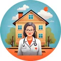 Doctora frente a una casa que representa la salud preventiva en el hogar